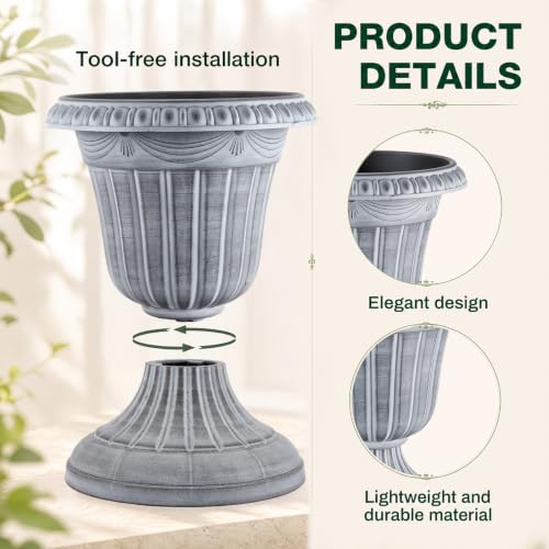 4 Pcs 16 x 18 Inches White Wash Plastic Urn Planter Classic Flower Pots Front Porch Planters Indoor Outdoor Planters with Pedestal for Wedding Party Bridal Shower Garden Patio Porch (16 x 18 Inches / White Wash)