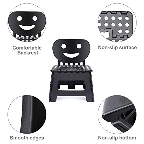 Folding Step Stool with Back Support for Kids (Black - Smiley Backrest / 9 Inch( Pack of 1))