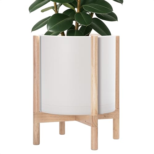 Plastic Pot with Natural Wood Stand (Oatmeal Pot + Natural Stand / 14 Inch)