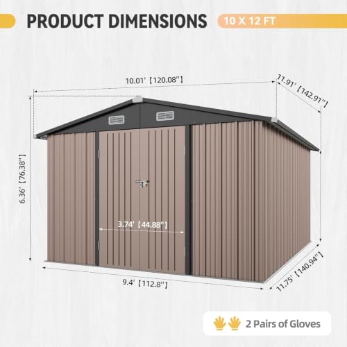 10x12FT Shed with Floor Galvanized Steel Outdoor Storage Shed (Brown / 10'x12'w)