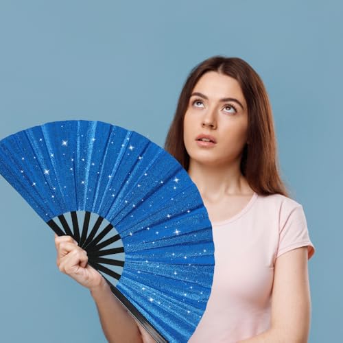 2 Pack Glitter Large Folding Hand Fans for Line Dancing (Royal Blue)
