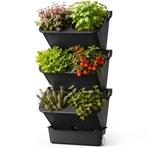 3 Set 6 Pocket Vertical Stackable Wall Planters Kit Outdoor Self Watering Plastic Planter Grow Hang Mount System for Strawberry Flower Vegetable Home Fence Balcony Wall Decor (Black)