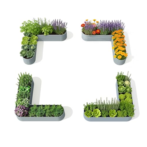 4 Pcs L Shaped Galvanized Raised Garden Beds (Gray / Set of 4 (L-Shaped))