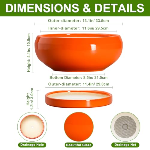 Bonsai Pots 13 Inch Ceramic Succulent Pots with Drainage Hole and Saucer (13 Inch / Orange)