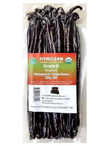 50 Madagascar Organic Vanilla Beans Grade B. Certified USDA Organic. 5" (5.3 Ounce (50 Count))