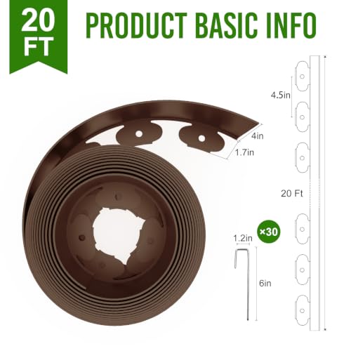 Landscape Edging 4 Inch Tall 20FT with 30Pcs Metal Spikes (Brown / 20FT)