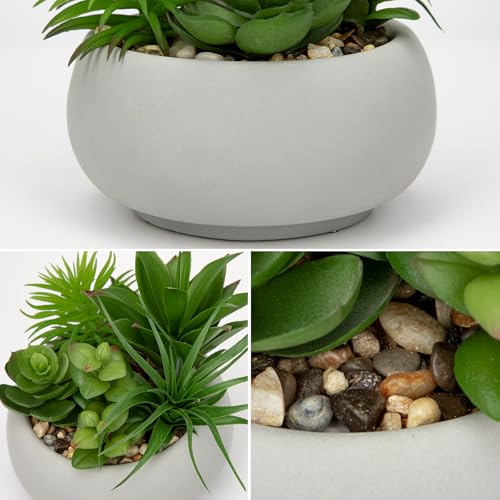Succulents Plants Artificial in Pots Fake Succulents for Outdoors Indoor Faux Succulent Arrangement Potted Plant in Cement Planter Bowl for Garden Office Desk Shelf Living Room Home Decor (Cement Grey)