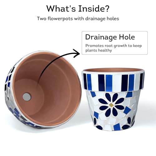 Set of 2 Flowerpots with Mosaic Pattern. Decorative Plant Pots with Drainage Holes for Indoor Outdoor (2 Count)