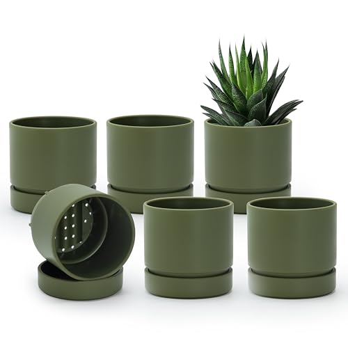 4 Inch Planter Pot with Drainage Hole & Saucer (4" (6 Pack) / Olive)