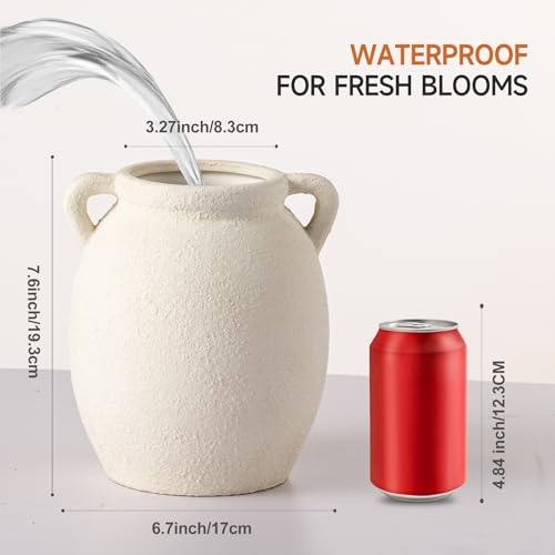 Ceramic Flower Vase 7.6 inch Farmhouse Rustic Vase Decorative Pottery Terracotta Vases for Home Decor Table Mantle Fireplace Living Room Bathroom Wedding Centerpiece (M-antique Off White)
