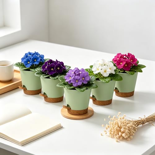 5 Pack 5 Inch African Violet Pots Self Watering (Green Brown / 5 inch 5 pcs)