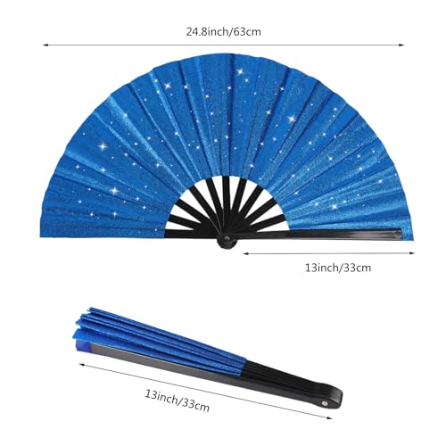 2 Pack Glitter Large Folding Hand Fans for Line Dancing (Royal Blue)