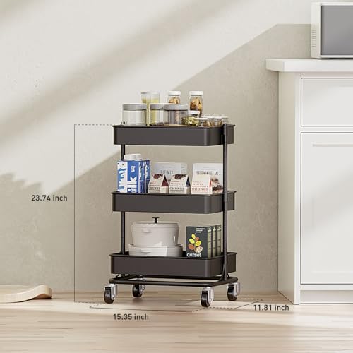 3 Tier Modern Metal Rolling Tool Cart with Silent Casters (Black / 15.35×11.81×23.74 inch)