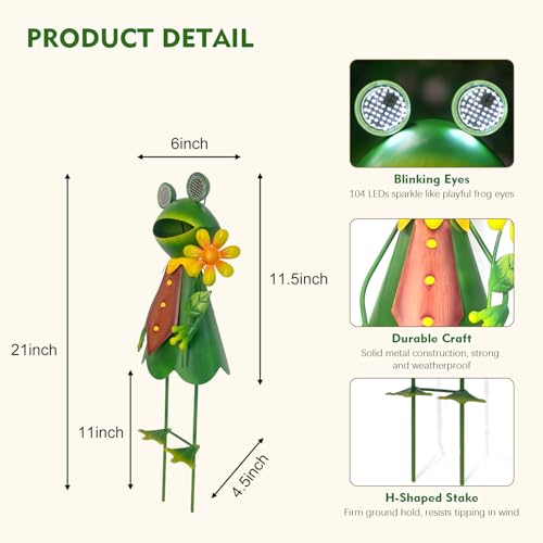 Solar Frog Garden Statue with Blinking LED Eyes Gifts for Women (Solar Eyes Frog / 21 IN-1 PC)