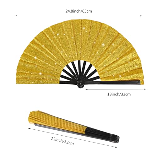 2 Pack Glitter Large Folding Hand Fans for Line Dancing (2 Gold)