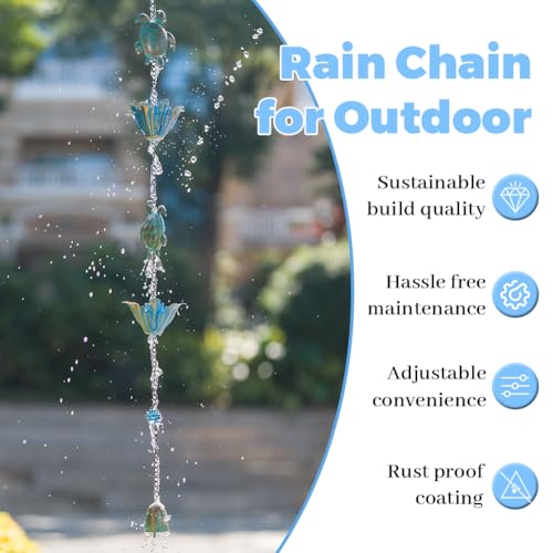 10ft Rain Chain with 16 Cups for Outside Gutters (Green & Blue)