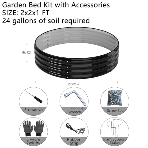 Galvanized Metal Planter Round Raised Garden Bed Kit for Gardening Outdoor (Black / 2x2x1FT（2pcs）)