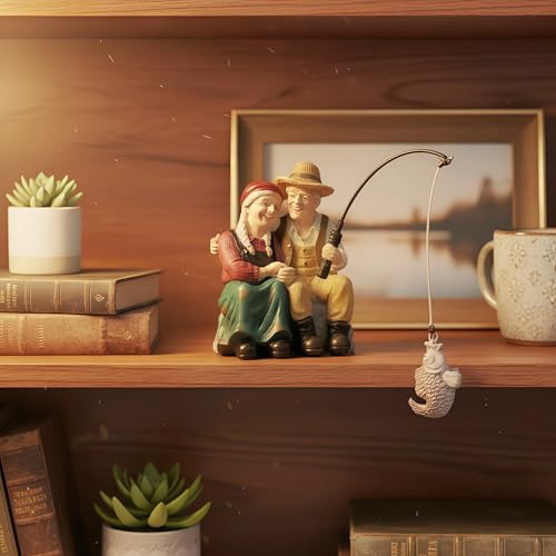 Romantic Older Couple Fishing Statue Outdoor Garden Koi Pond Decoration (Fishing Couple Statue)
