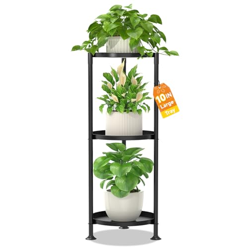 Plant Stand Indoor Tall Corner with Large Metal Tray (Standard Black / 3 Tier)