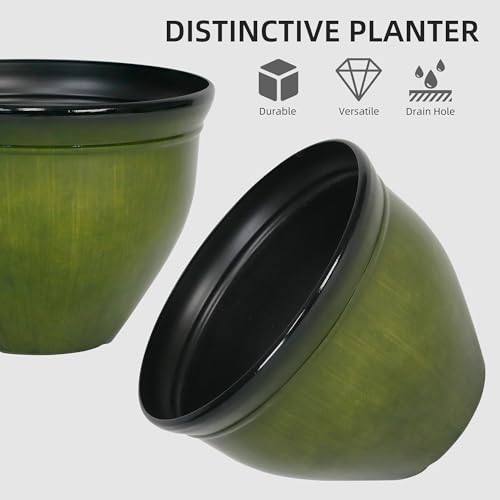 Garden 12 Inch Dia. Round Green Plastic Planters with Drain Holes (4-Pack 12 in. / Green)