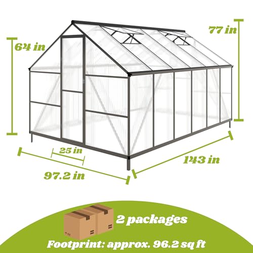 8x12FT Greenhouse kit with Roof Vent (Dark Gray / 8×12FT)