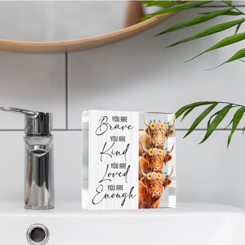 Highland Cow Gifts You are Brave Kind Loved Enough Positive Inspirational Highland Cow Acrylic Sign Gifts for Friends Inspirational Decorations Gift 4x4 Inch (Brave)