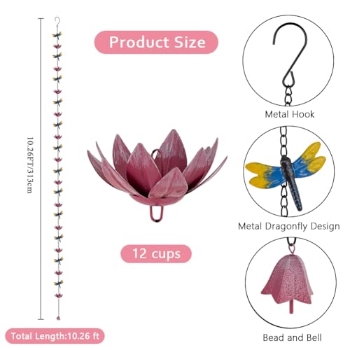 10ft Rain Chain with 12 (Pink-Lotus)