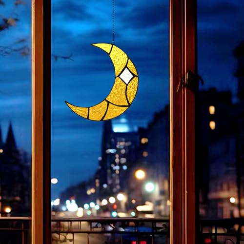 Yellow Moon Stained Glass Window Haninging Handcrafted Art Suncatchers (Yellow Moon)