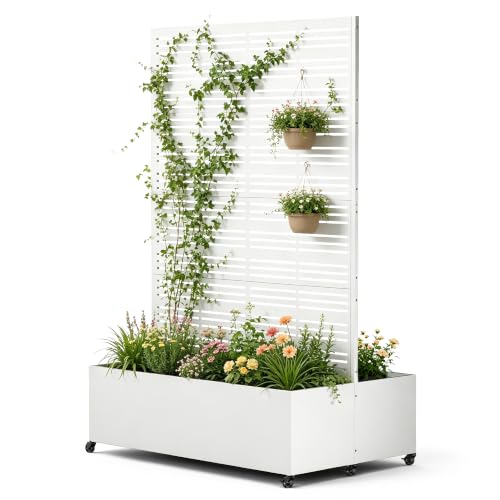 Double Metal Planter Box with Trellis Privacy Screen (White Line / 73"x 47"x 30")