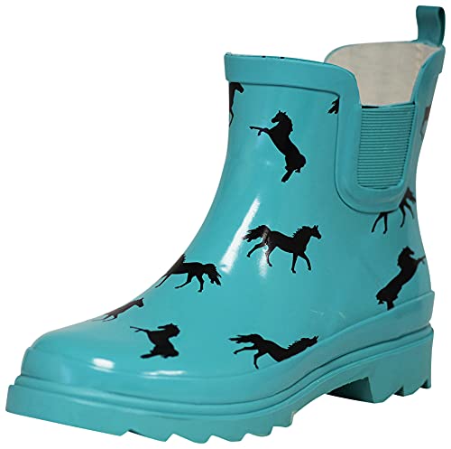 Women's Waterproof Ankle Rain Boots (9 / Turquoise Horses)