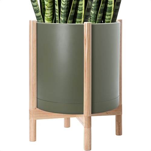 Plastic Pot with Natural Wood Stand (Olive Pot + Natural Stand / 16 Inch)