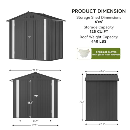 Outdoor Storage Shed Metal Garden Tool House Lockable (Gray / 6'*4')