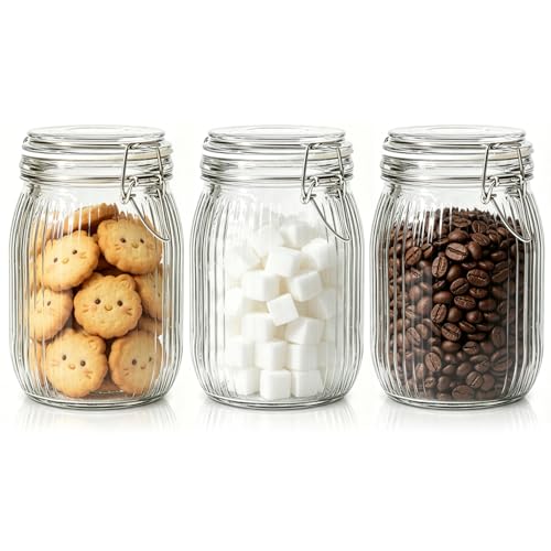 Ribbed Glass Pantry Jars with Airtight Lids 34 oz 3 Pack Coffee (34 fl oz x 3 - Ribbed)