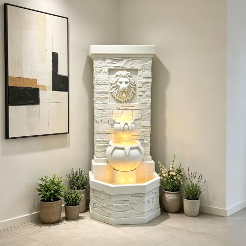 42'' Lion Head Outdoor Water Feature Fountain for Garden with Lights (White Lion 42in)