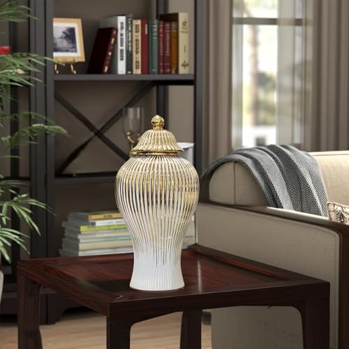 Ginger Jar White Gold Ceramic Vase Large Handmade Porcelain Vases with Lid