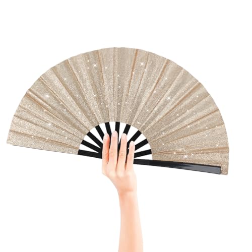 2 Pack Glitter Large Folding Hand Fans for Line Dancing (Champagne Gold)
