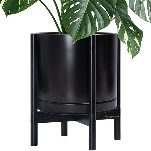 Ceramic Pot with Ebony Wood Stand (14 Inch / Black Pot + Ebony Stand)