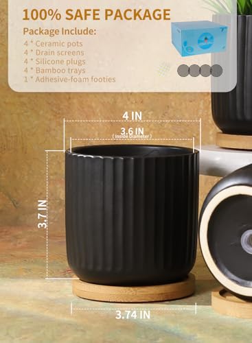 4 Inch Ceramic Plant Pots (Stripe Pure Black)