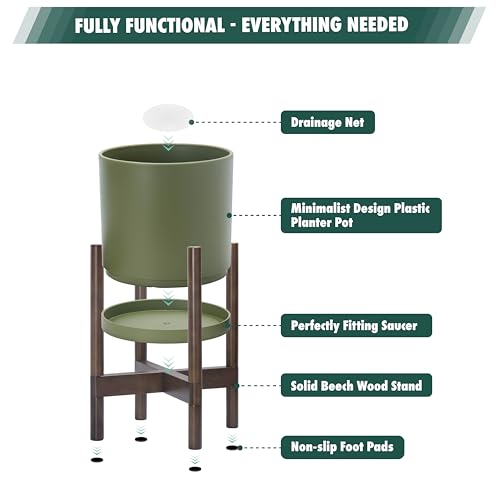 Plastic Pot with Walnut Wood Stand (Olive Pot + Walnut Color Stand / 8 Inch)