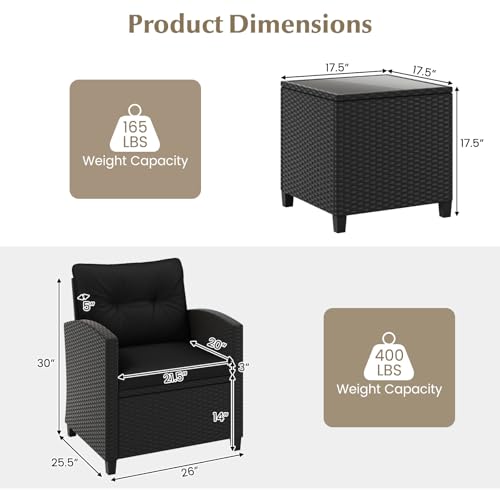 3 Pieces Wicker Patio Conversation Set (Black & Black)