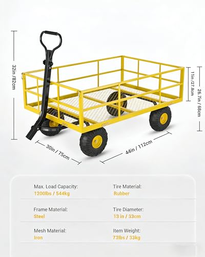 Heavy Duty Steel Garden Cart 1200 LBS Capacity 3 in 1 Pullable Garden Wagon with 13 in Wheels for Gardening Soil (Yellow / 1200 lbs)