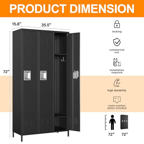 Metal Locker Storage Locker (Black(4 Legs) / 3 Doors-Wide-71")