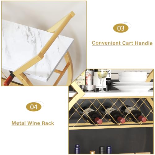 Gold Bar Cart with Wheels (Gold White Marble)