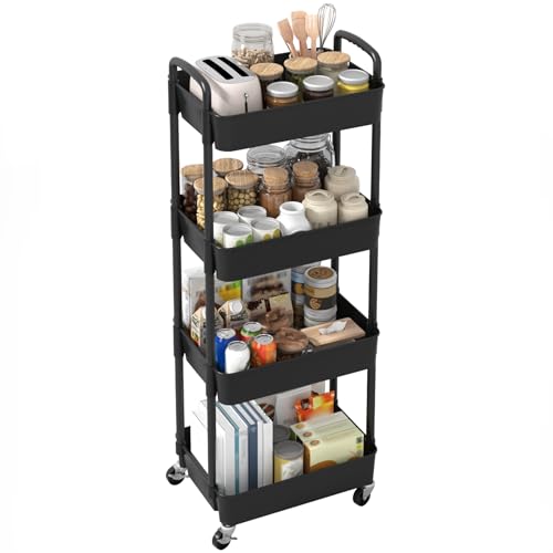 4 Tier Plastic Rolling Utility Cart with Wheels for Storage