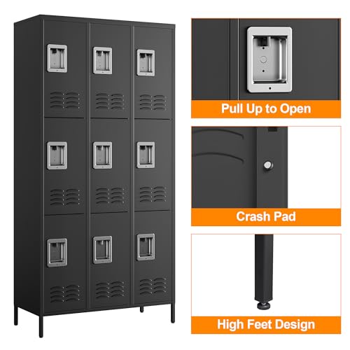 Metal Locker with 9 Doors Employees Locker (Black(4 Legs) / 9 Doors-Wide-71")
