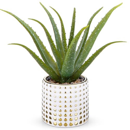 Artificial Succulent Aloe Plants 14.2 Inch Large Faux Succulents with Ceramic Pot Fake Aloe Potted Plant for Home Indoor Bathroom Table Bedroom Shelf Office Decor (Gold-15")