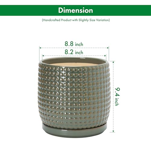 Beaded Ceramic Pot with Saucer (8.8 Inch / Olive)