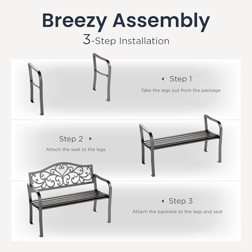 43 Inches Cast Iron Steel Frame Outdoor Garden Bench (Black-floral Back)