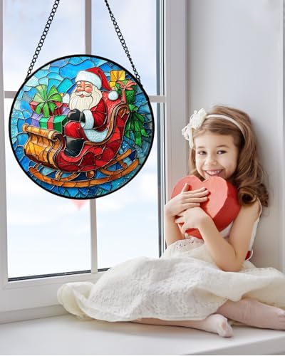 Christmas Santa Sleigh Stained Glass Window Hanging Suncatcher Gifts 9.8" (Red and Blue / 9.8x9.8 IN)