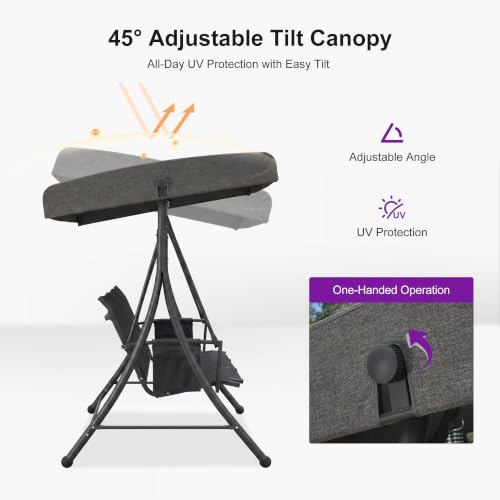 3 Seat Outdoor Porch Swing with Adjustable Canopy (Gray(textilene) / Porch Swing)